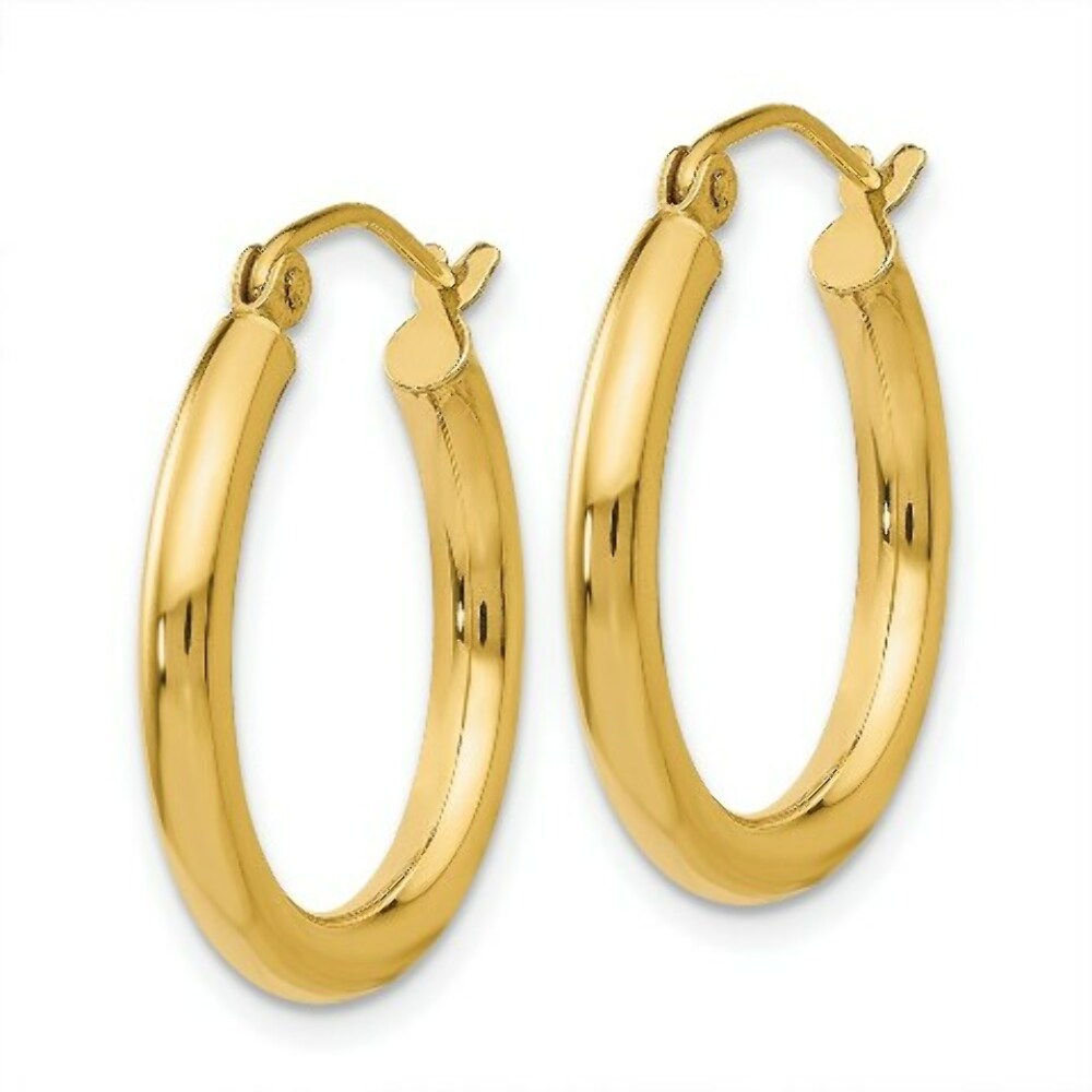 14K Yellow Gold Polished 2.5mm Round Hoop Earrings 20mm length