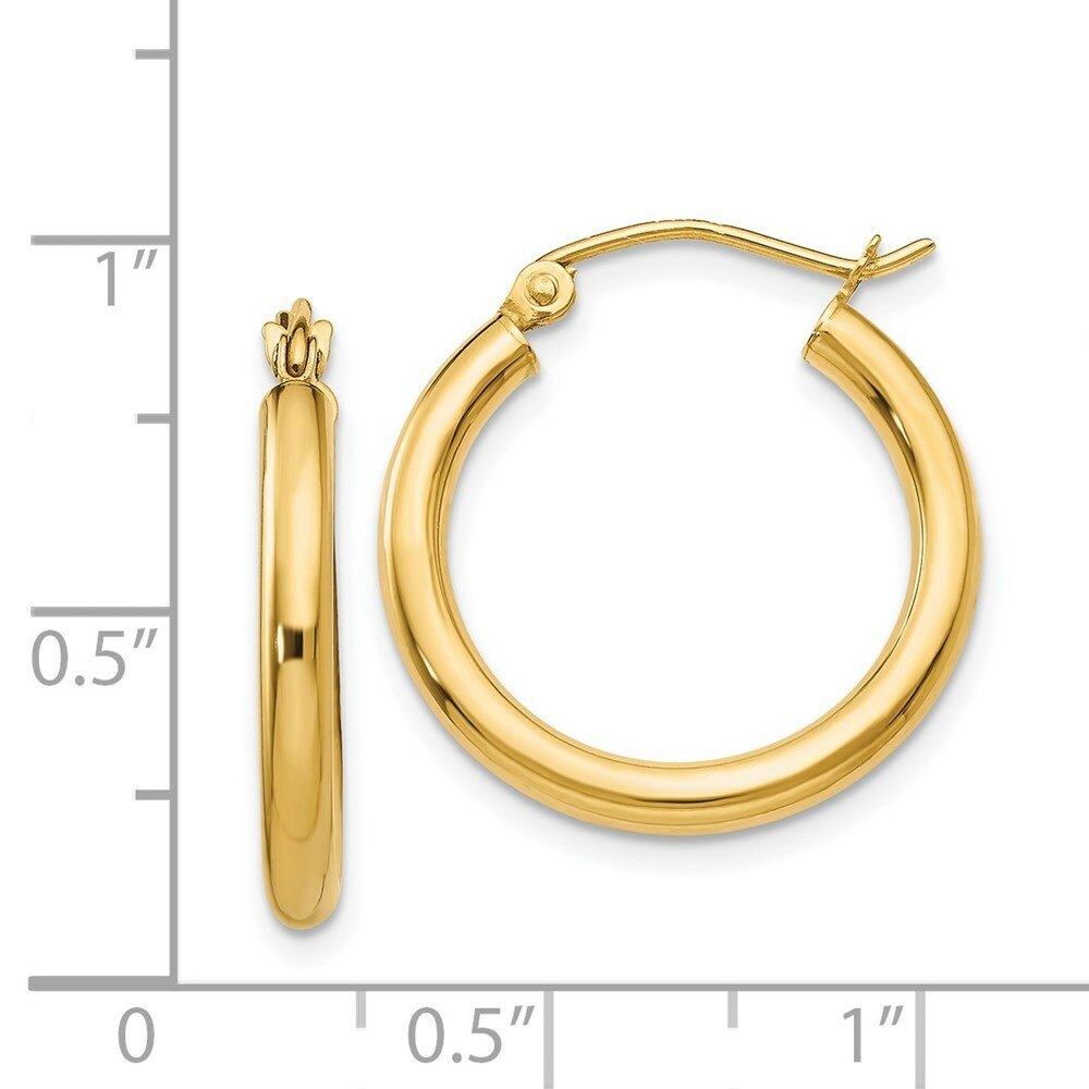 14K Yellow Gold Polished 2.5mm Lightweight Round Hoop Earrings 20mm length