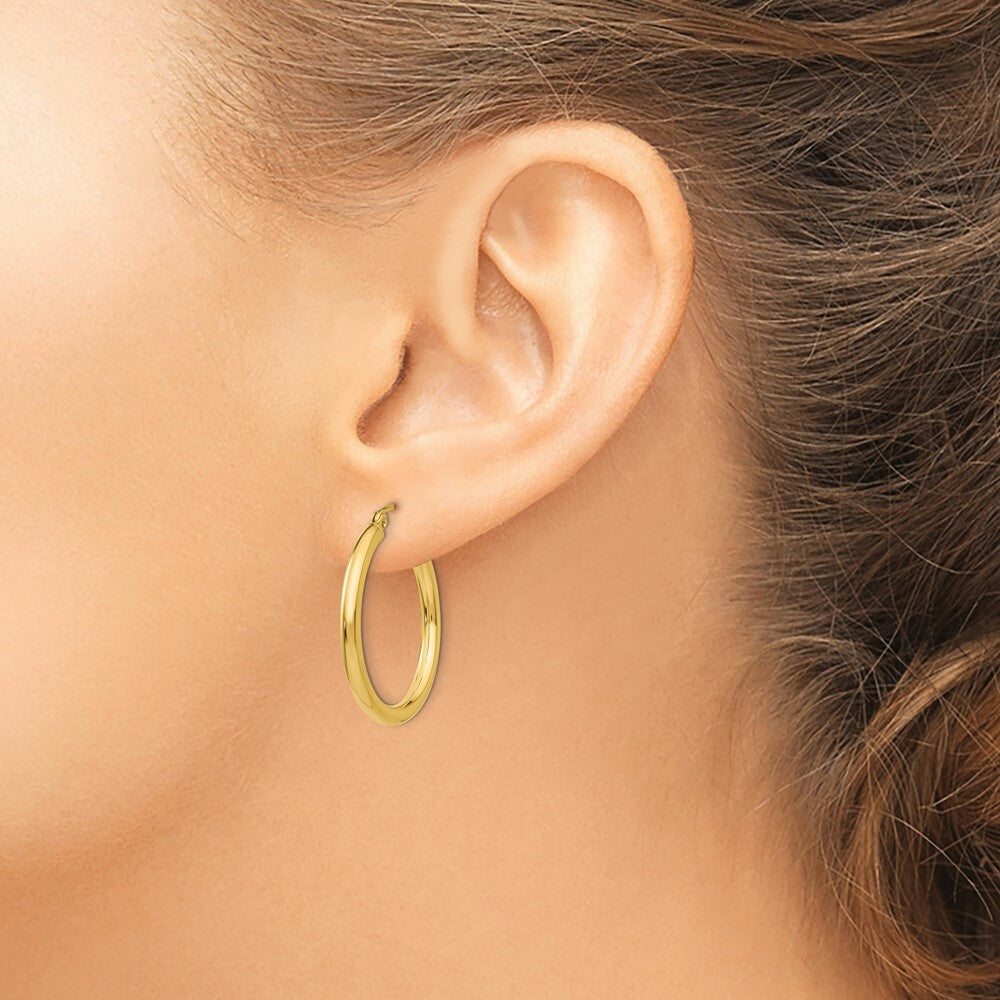 14K Yellow Gold Polished 2.5mm Lightweight Round Hoop Earrings 25mm length