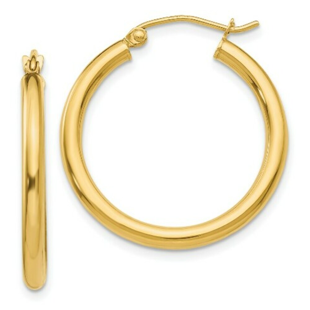 14K Yellow Gold Polished 2.5mm Lightweight Round Hoop Earrings 25mm length