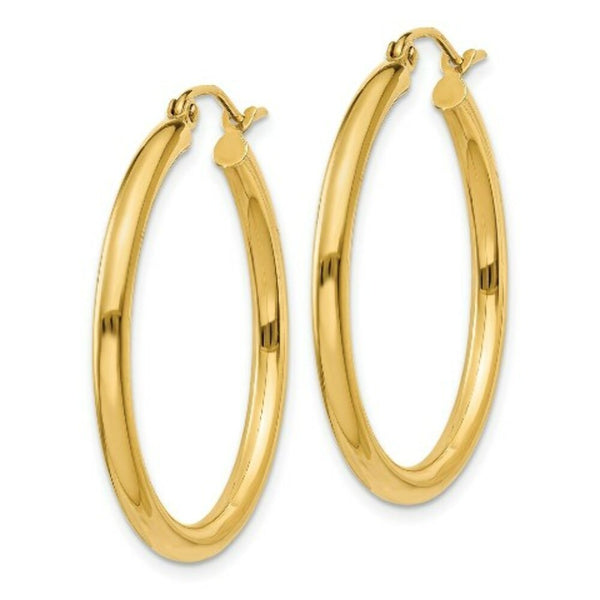 14K Yellow Gold Polished 2.5mm Lightweight Round Hoop Earrings 30mm length