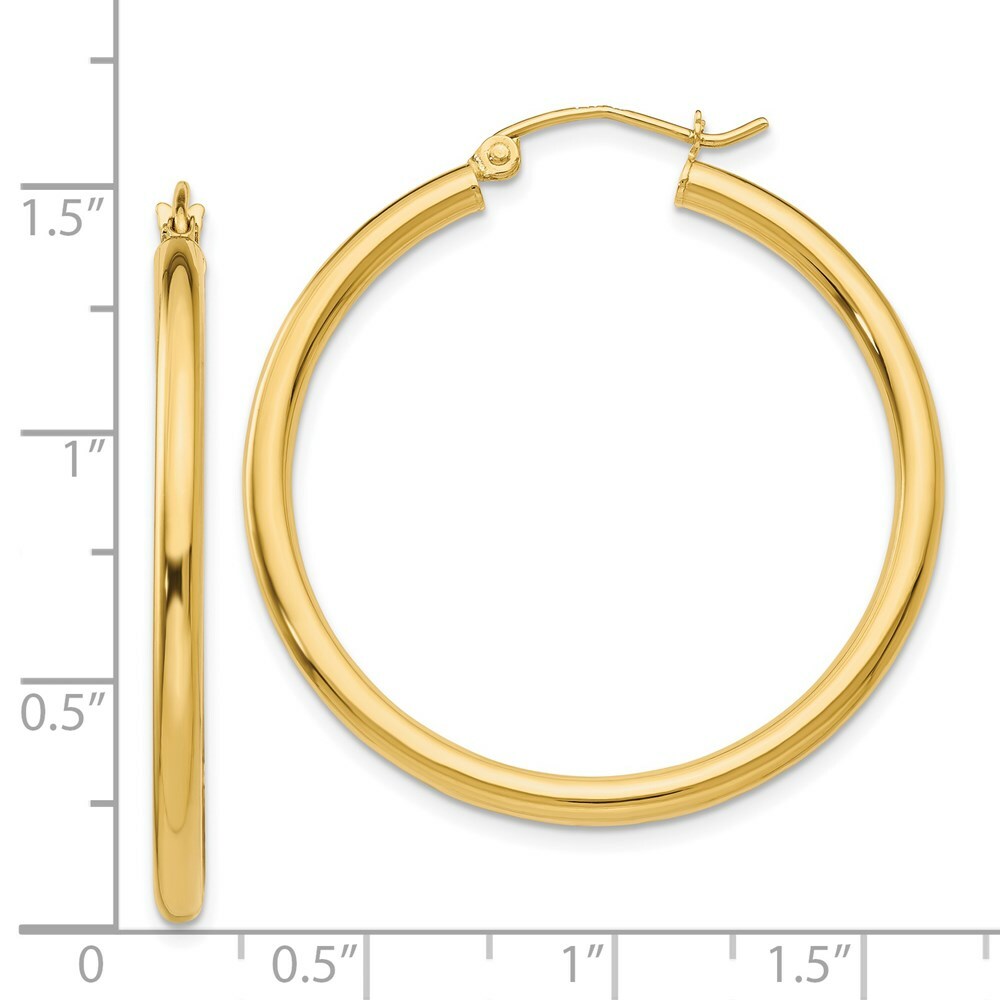14K Yellow Gold Polished 2.5mm Round Hoop Earrings 35mm length