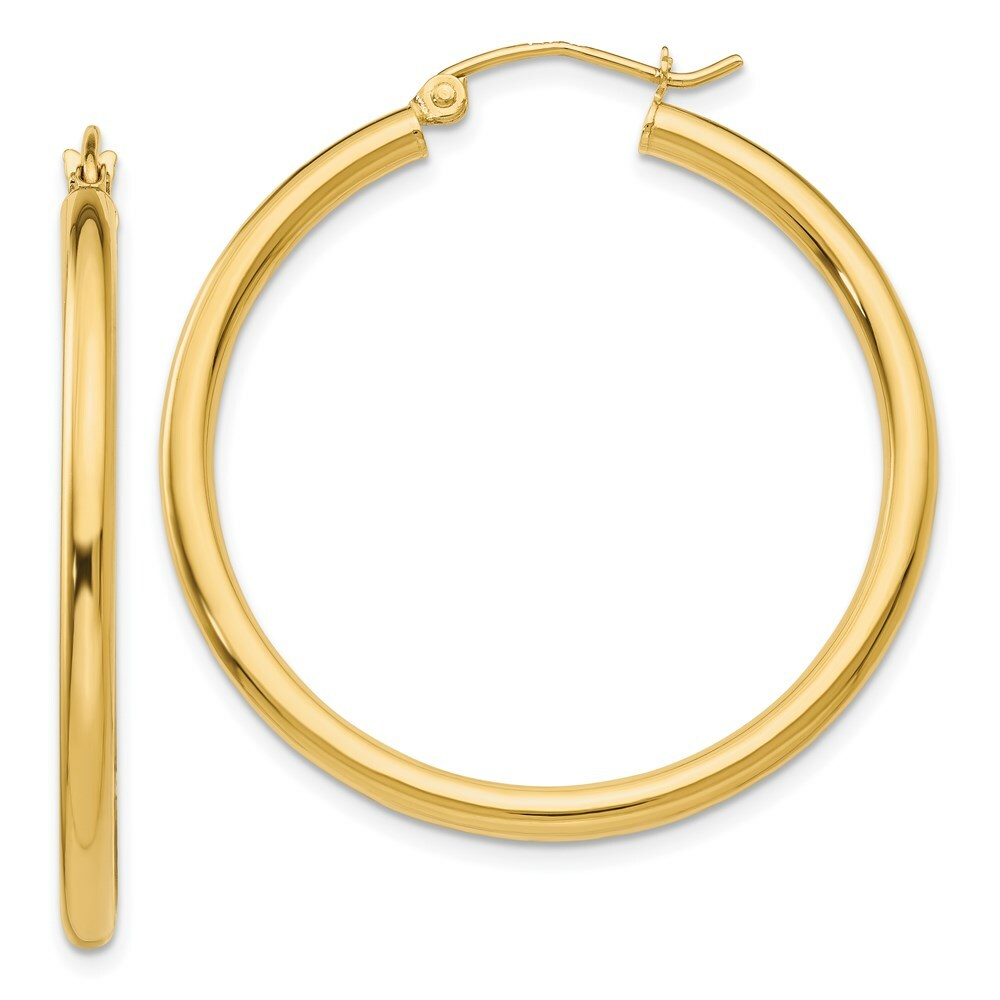 14K Yellow Gold Polished 2.5mm Lightweight Round Hoop Earrings 35mm length