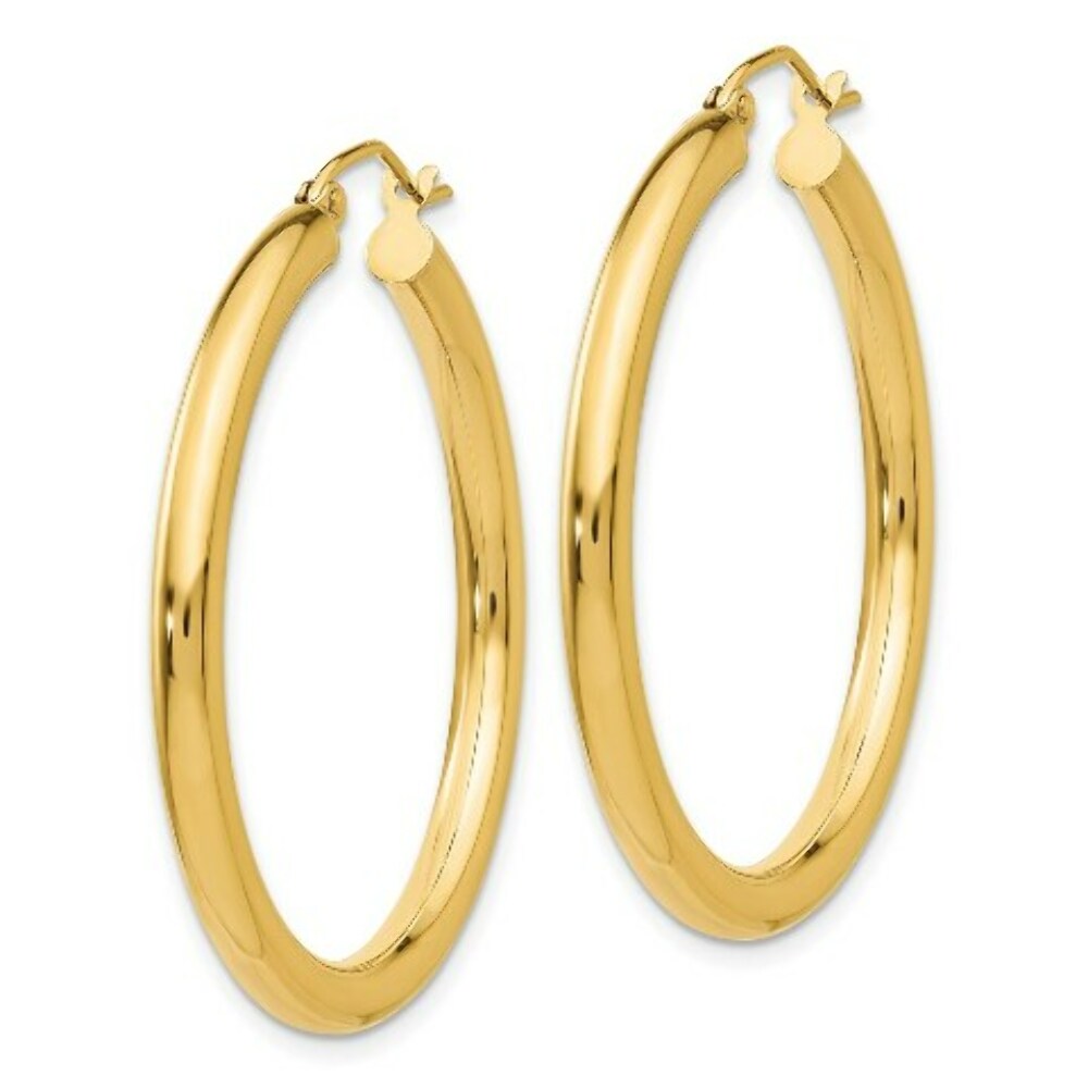 14K Yellow Gold Polished 3mm Round Hoop Earrings 35mm length
