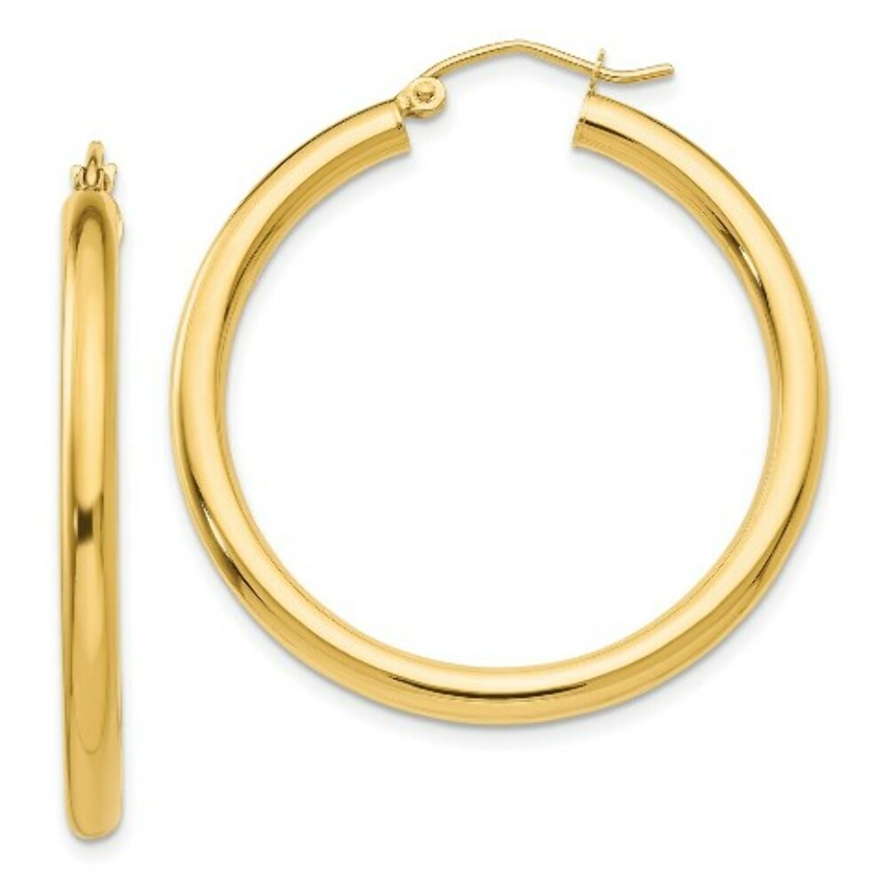 14K Yellow Gold Polished 3mm Round Hoop Earrings 35mm length