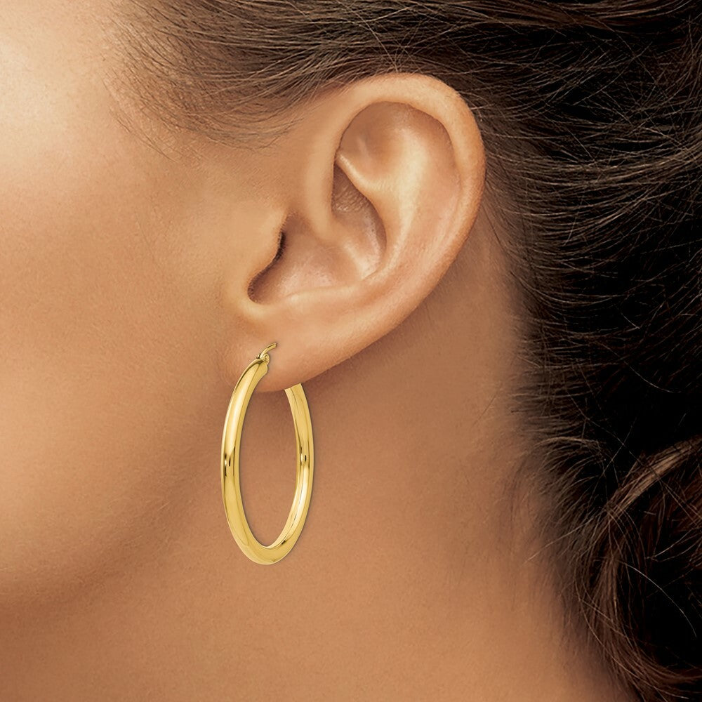 14K Yellow Gold 3mm Light Tube Hoop Earrings  35mm length