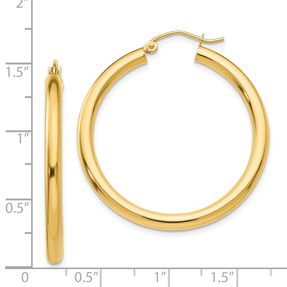 14K Yellow Gold 3mm Light Tube Hoop Earrings  35mm length