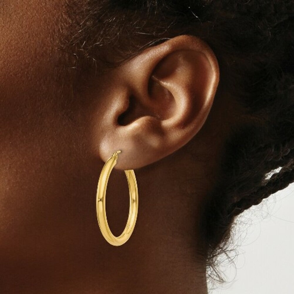 14K Yellow Gold Polished 3mm Round Hoop Earrings 30mm length