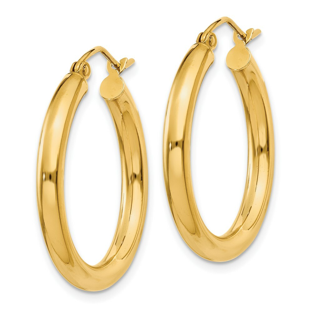 14K Yellow Gold Polished 3mm Round Hoop Earrings 25mm length