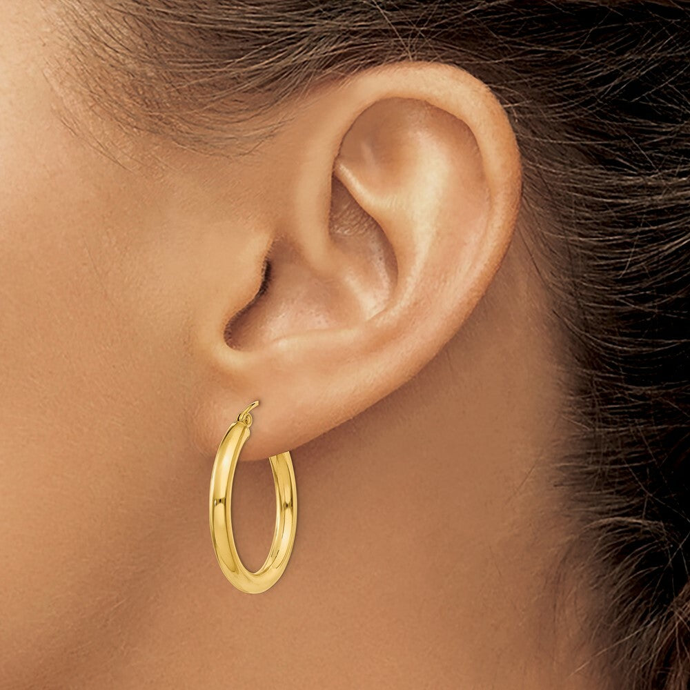 14K Yellow Gold Polished 3mm Round Hoop Earrings 25mm length