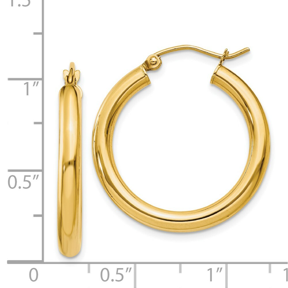 14K Yellow Gold Polished 3mm Round Hoop Earrings 25mm length