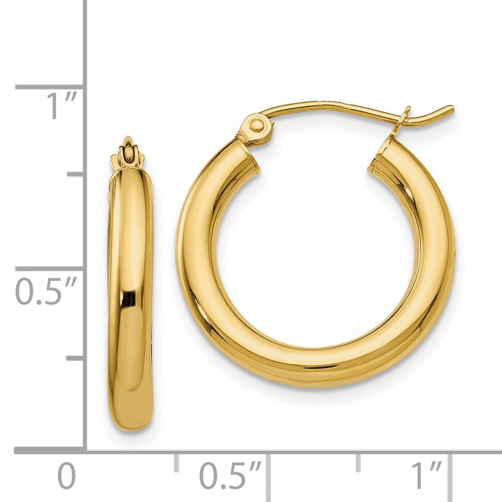 14K Yellow Gold Polished 3mm Round Hoop Earrings 20mm length