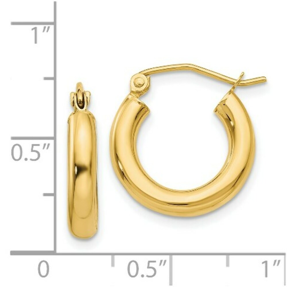 14K Yellow Gold Polished 3mm Lightweight Round Hoop Earrings  16mm length