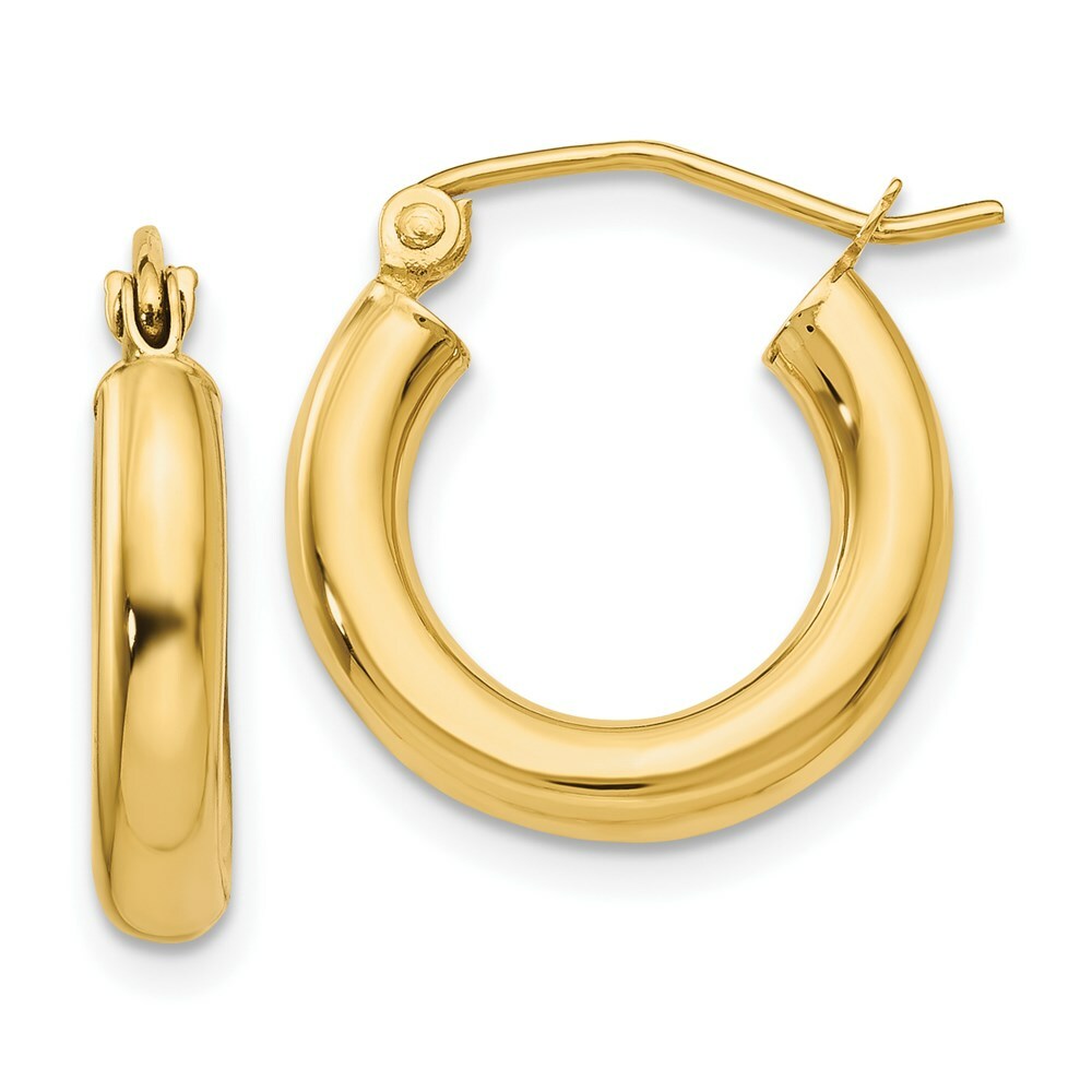 14K Yellow Gold Polished 3mm Lightweight Round Hoop Earrings  16mm length