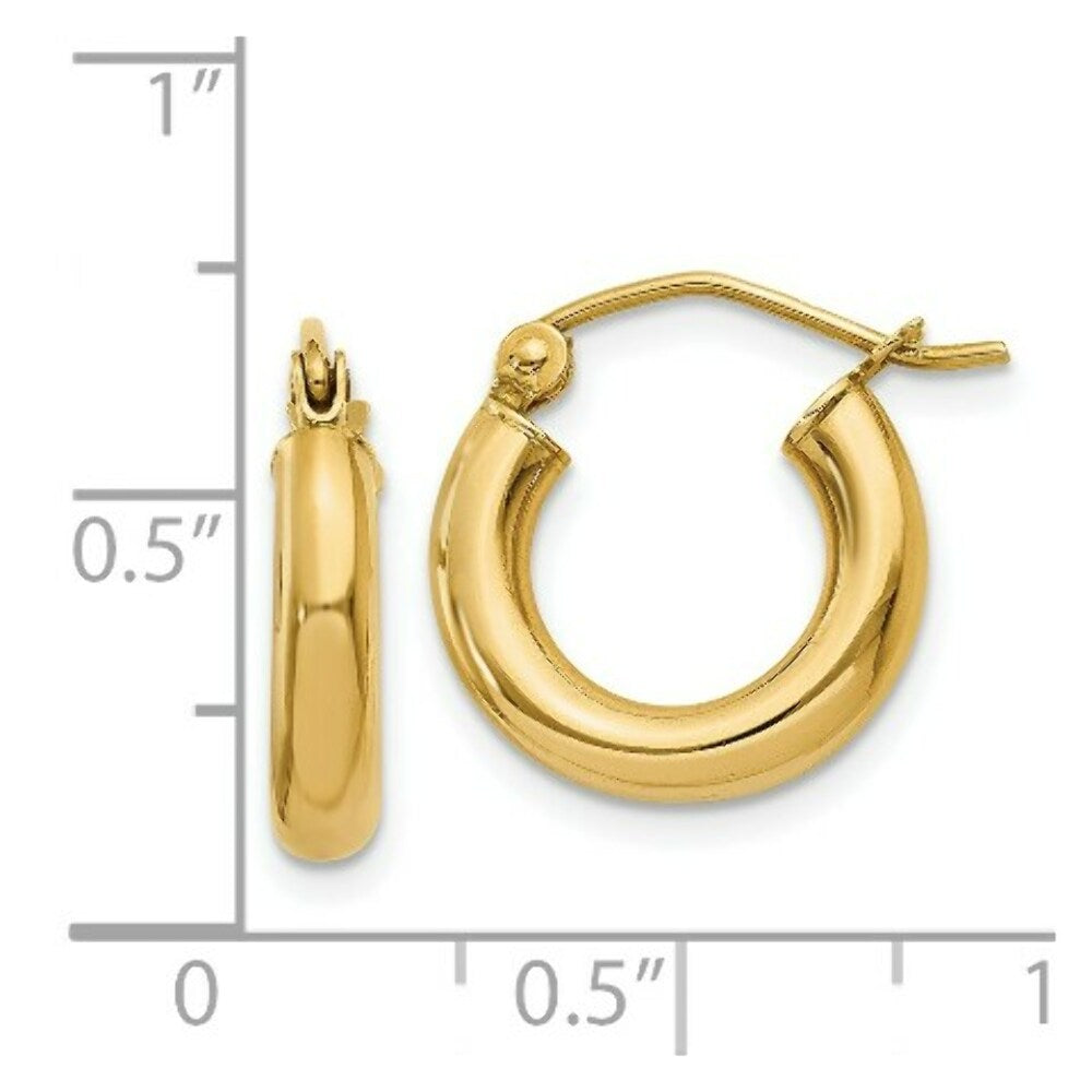 14K Yellow Gold Polished 3mm Lightweight Round Hoop Earrings  14mm length
