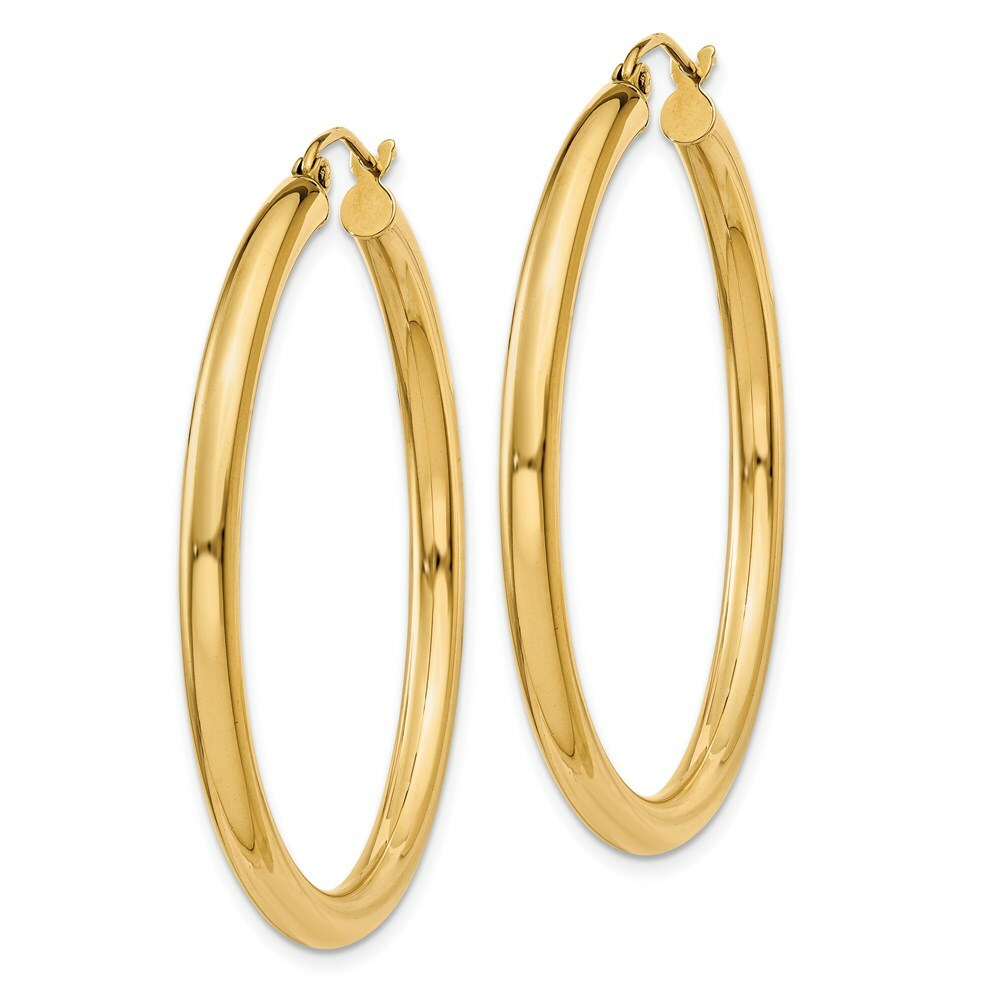 14K Yellow Gold Polished 3mm Round Hoop Earrings 40mm length