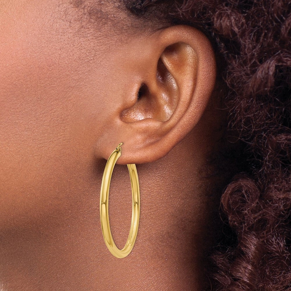 14K Yellow Gold Polished 3mm Round Hoop Earrings 40mm length