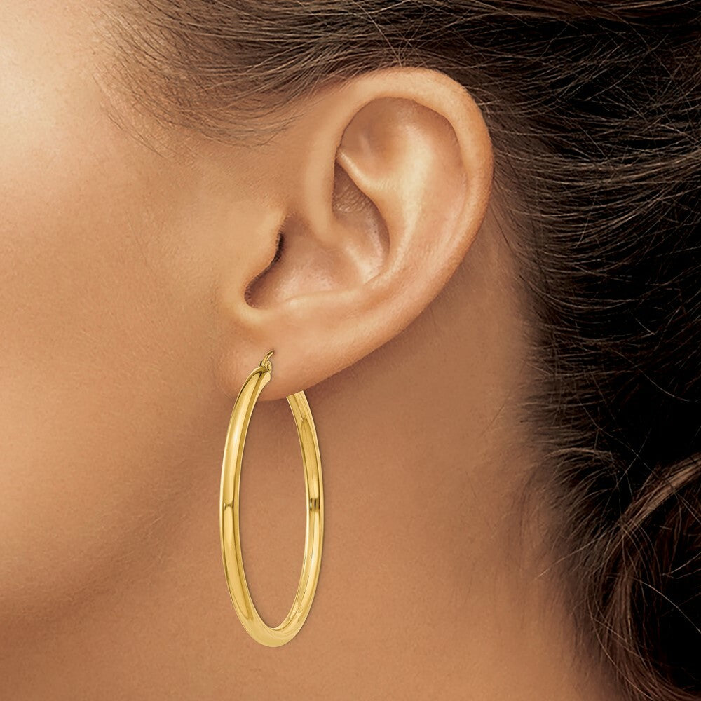 14K Yellow Gold 3mm Light Tube Hoop Earrings  45mm length