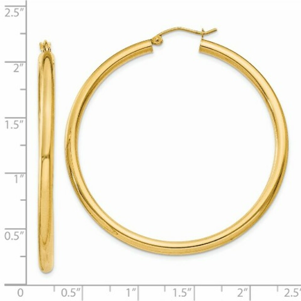 14K Yellow Gold Polished 3mm Round Hoop Earrings 50mm length