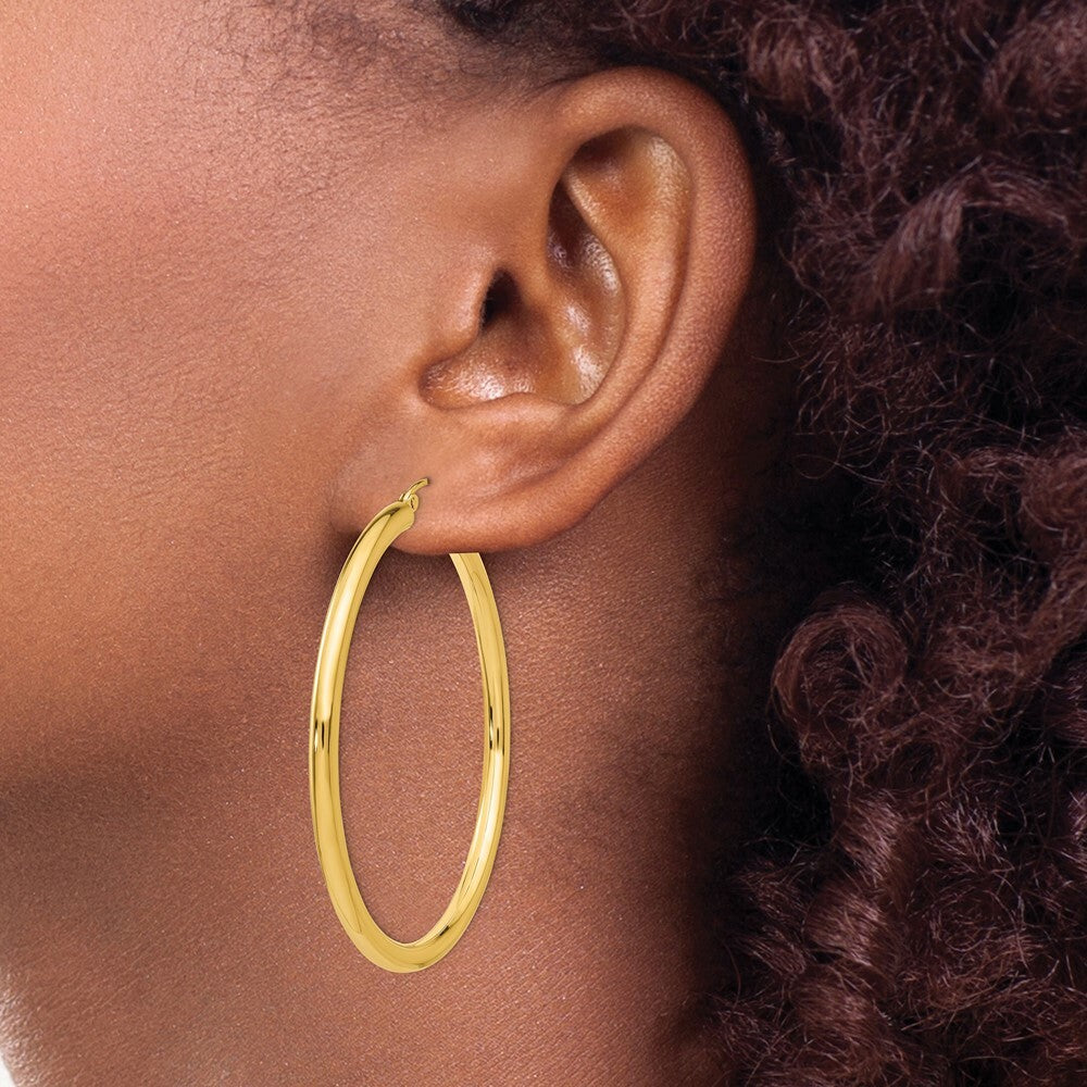 14K Yellow Gold 3mm Light Tube Hoop Earrings  50mm length