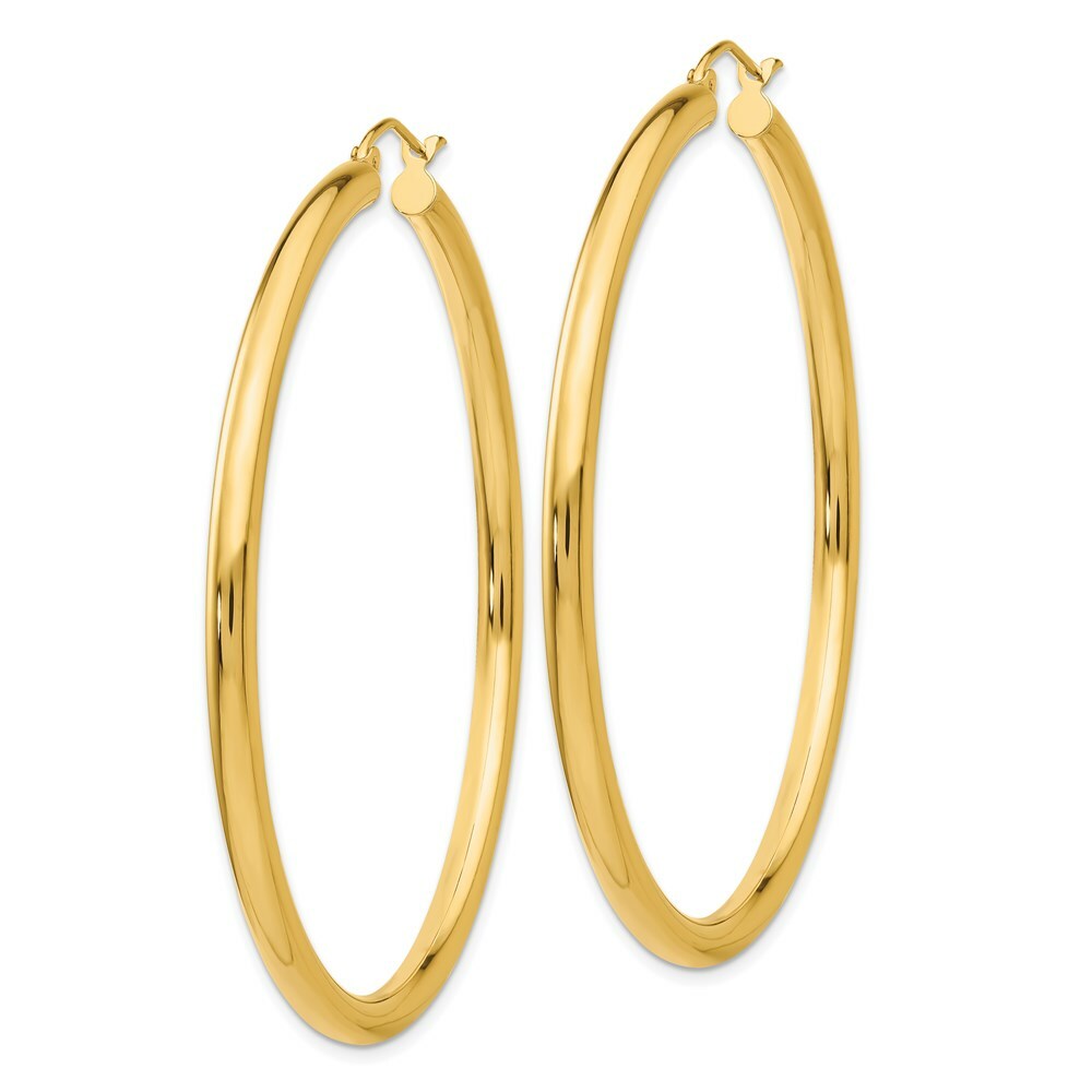 14K Yellow Gold Polished 3mm Round Hoop Earrings 55mm length