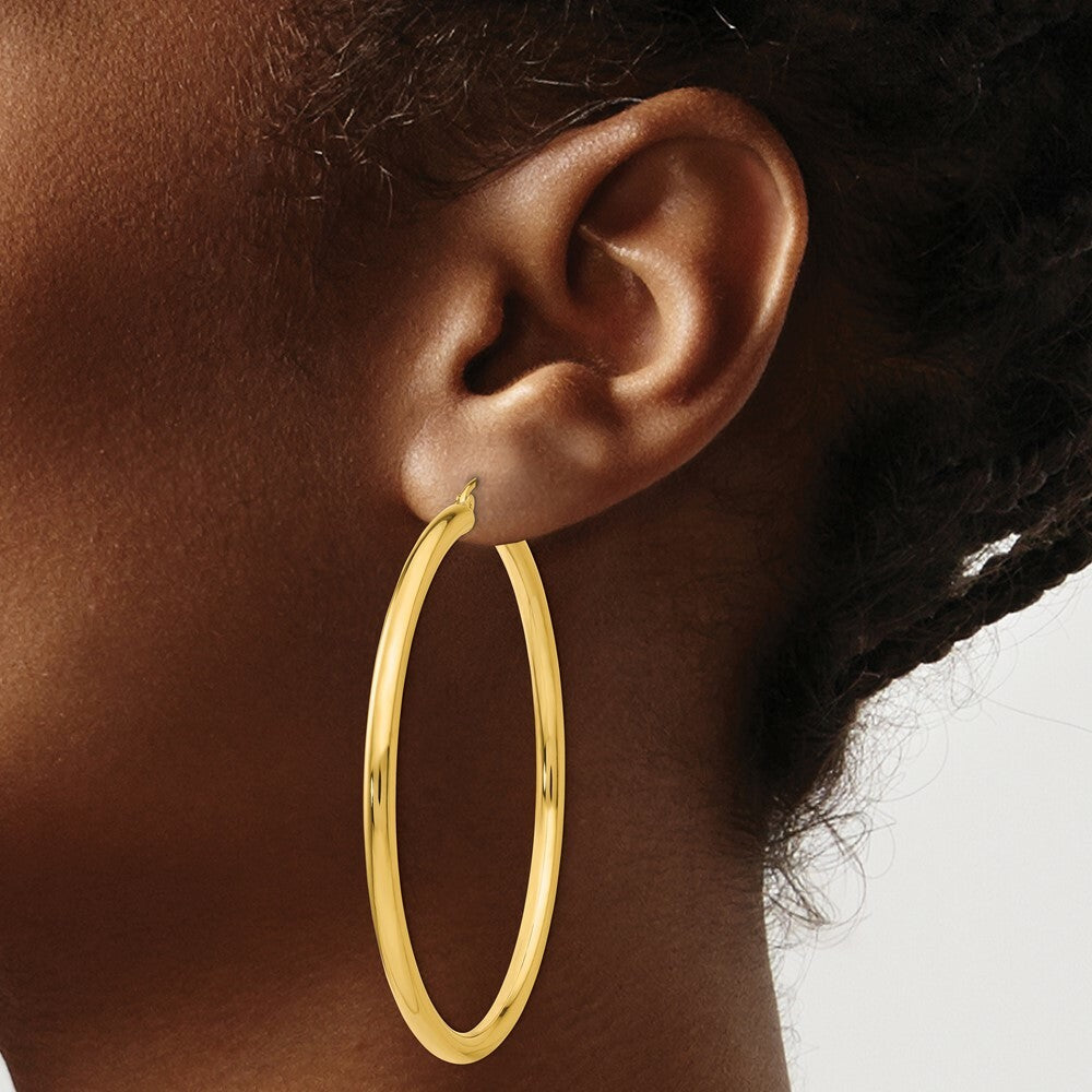 14K Yellow Gold Polished 3mm Round Hoop Earrings 55mm length