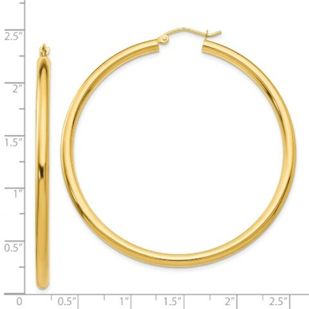 14K Yellow Gold Polished 3mm Round Hoop Earrings 55mm length