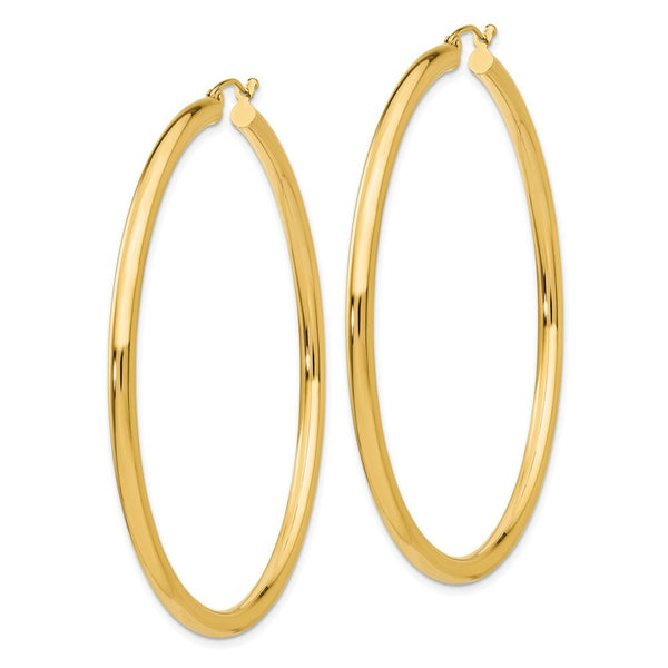 14K Yellow Gold Polished 3mm Round Hoop Earrings 60mm length