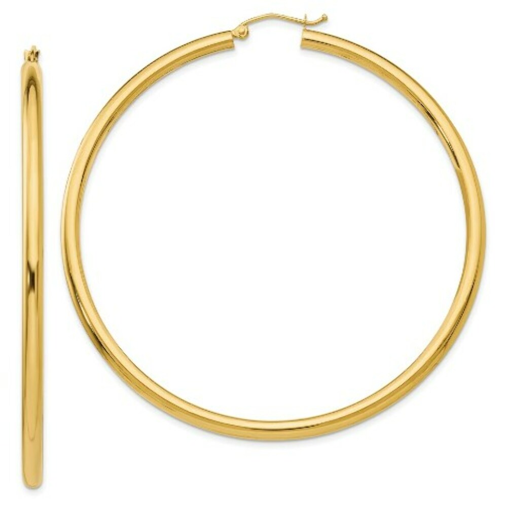 14K Yellow Gold Polished 3mm Round Hoop Earrings 65mm length