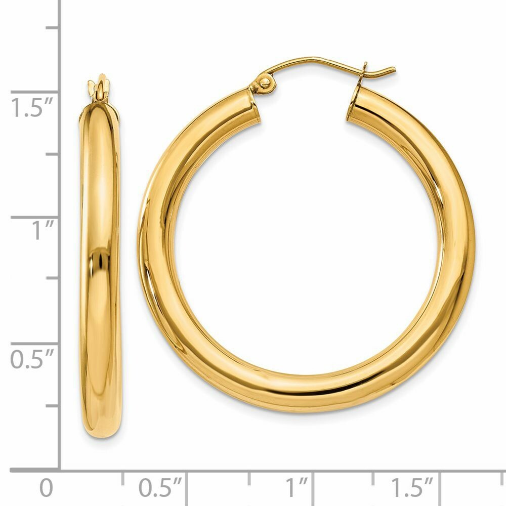 14K Yellow Gold Polished 4mm x 35mm Tube Hoop Earrings  35mm length