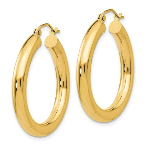 14K Yellow Gold Polished 4mm Lightweight Round Hoop Earrings 30mm length