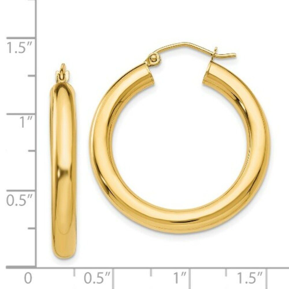 14K Yellow Gold Polished 4mm Lightweight Round Hoop Earrings 30mm length