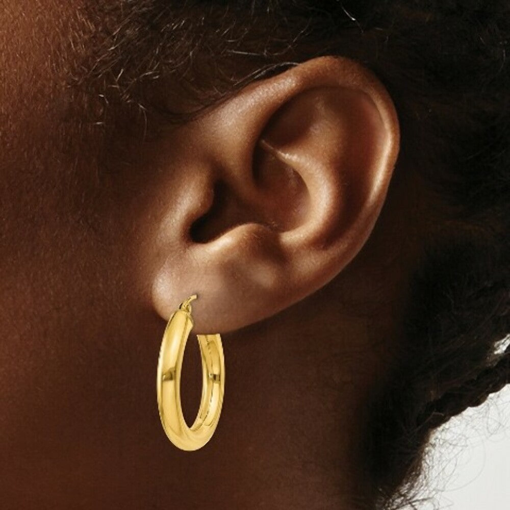 14K Yellow Gold Polished 4mm Lightweight Round Hoop Earrings 25mm length