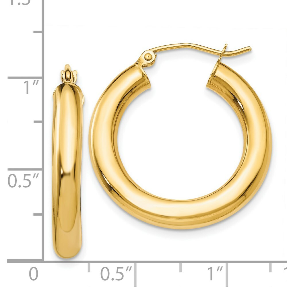14K Yellow Gold Polished 4mm Lightweight Round Hoop Earrings 25mm length