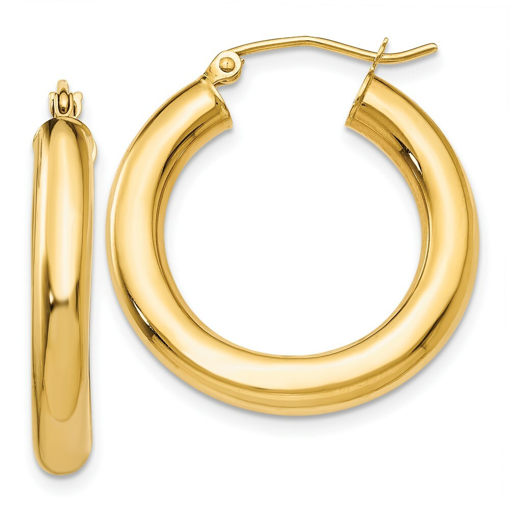 14K Yellow Gold Polished 4mm Lightweight Round Hoop Earrings 25mm length