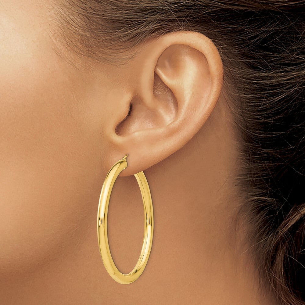 14K Yellow Gold Polished 4mm x 50mm Tube Hoop Earrings  50mm length