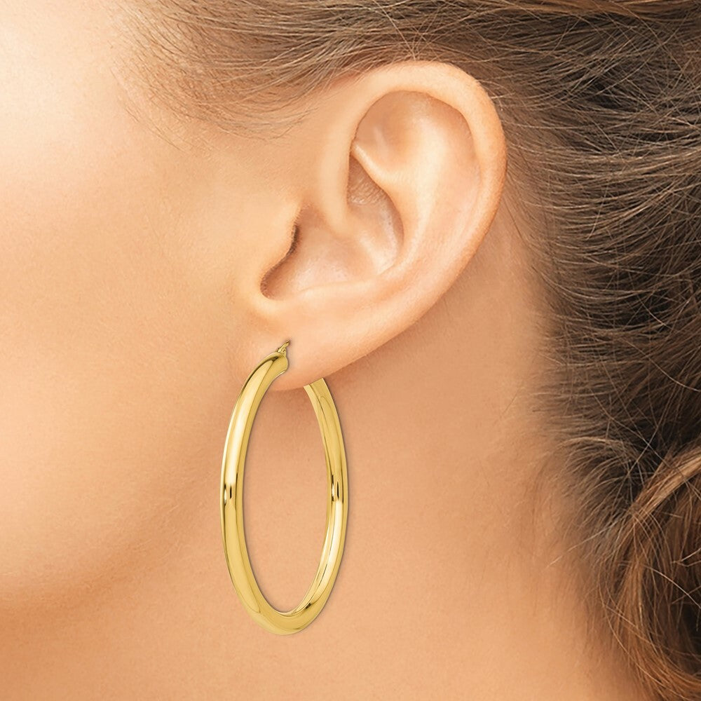 14K Yellow Gold Polished 4mm Lightweight Round Hoop Earrings 50mm length