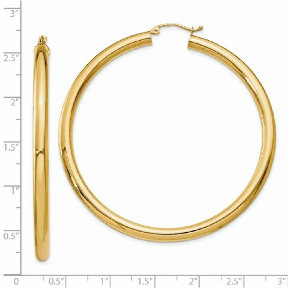 14K Yellow Gold Polished 4mm Lightweight Round Hoop Earrings 60mm length