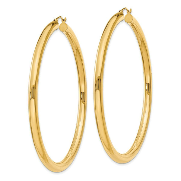 14K Yellow Gold Polished 4mm Lightweight Round Hoop Earrings 65mm length