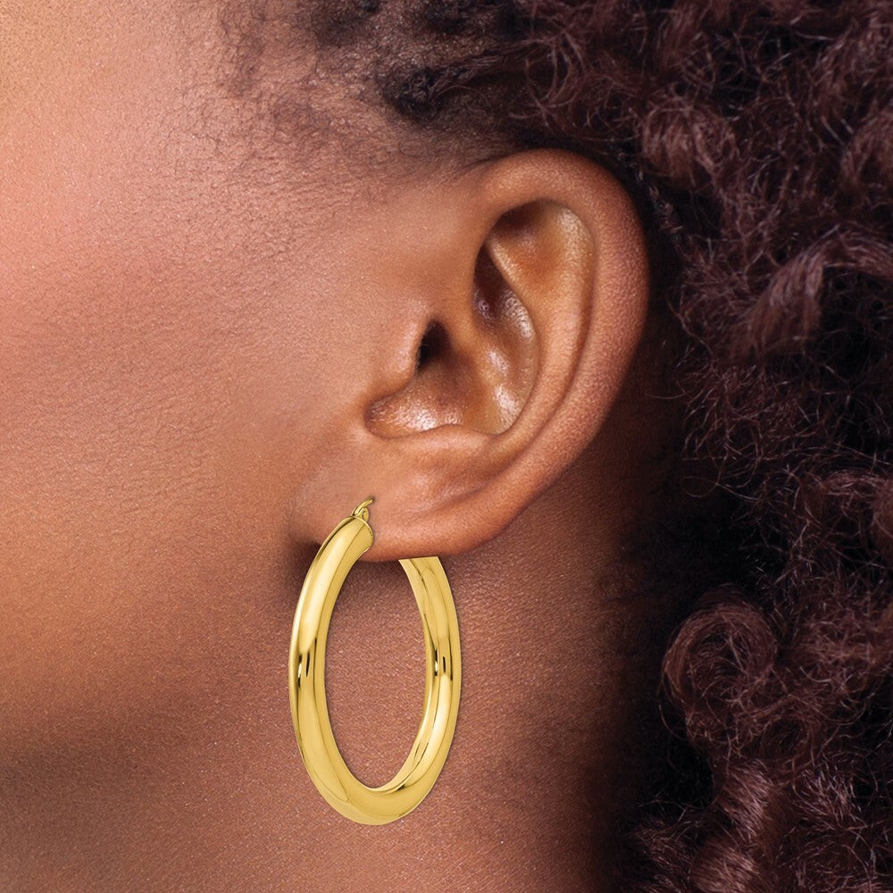 14K Yellow Gold Polished 5mm Tube Hoop Earrings 40mm length