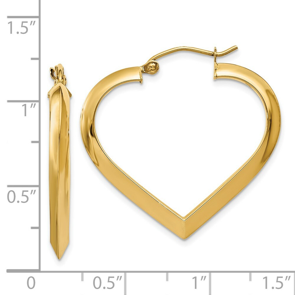 14K Yellow Gold Polished Heart Hoop Earring  3mm width
