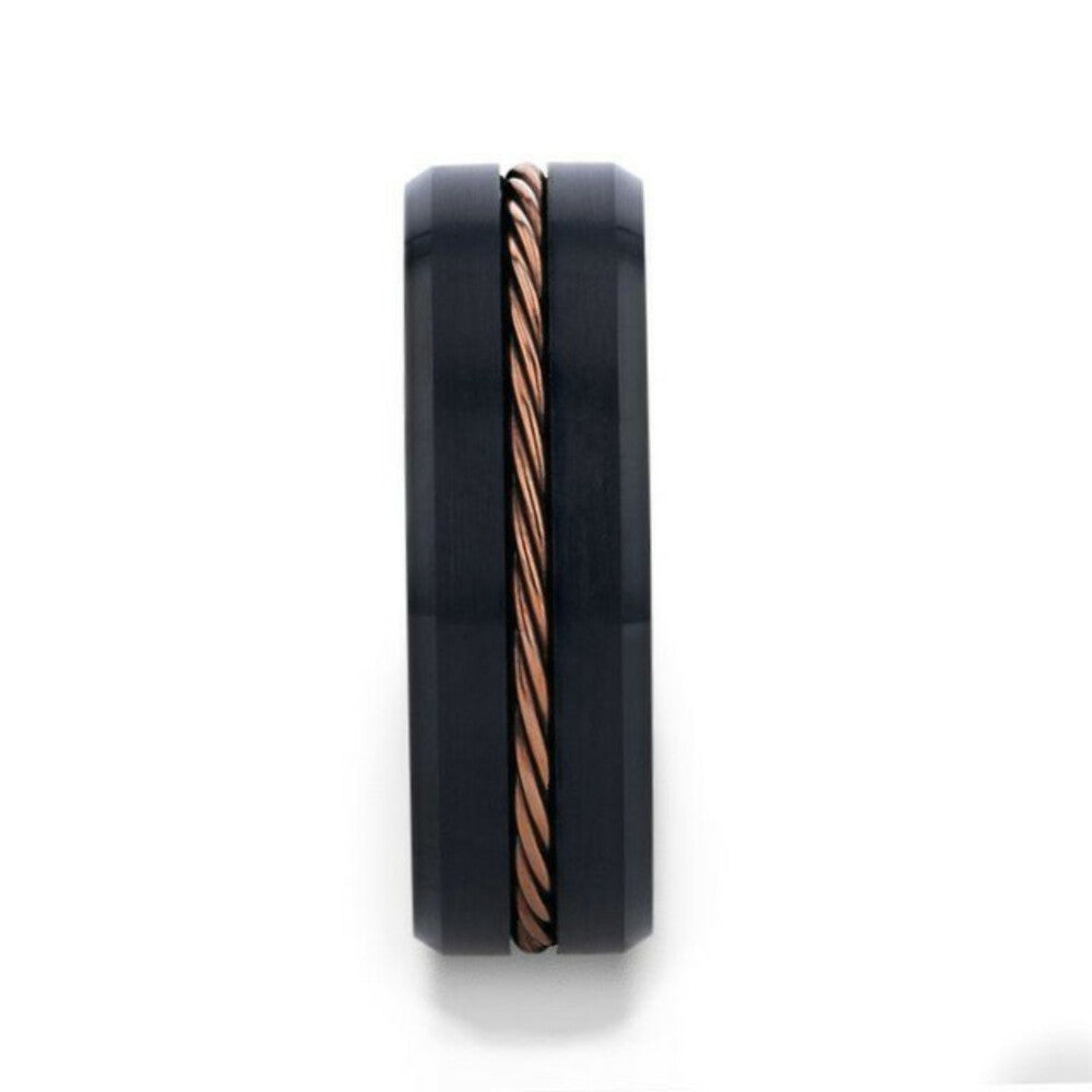 Mens Rose Gold Braided Brushed Center Black Tungsten Wedding Band - Polished Beveled Edges - 8mm Wide - Style name: ADELARD