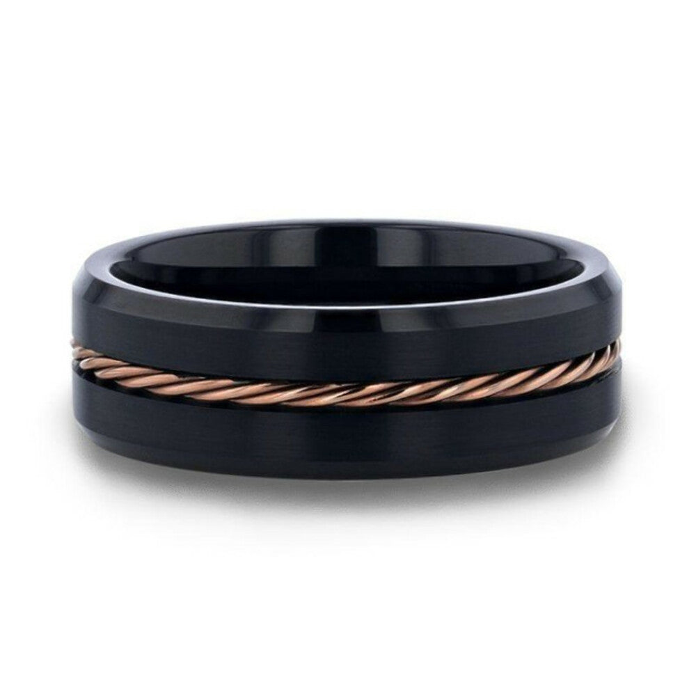 Mens Rose Gold Braided Brushed Center Black Tungsten Wedding Band - Polished Beveled Edges - 8mm Wide - Style name: ADELARD