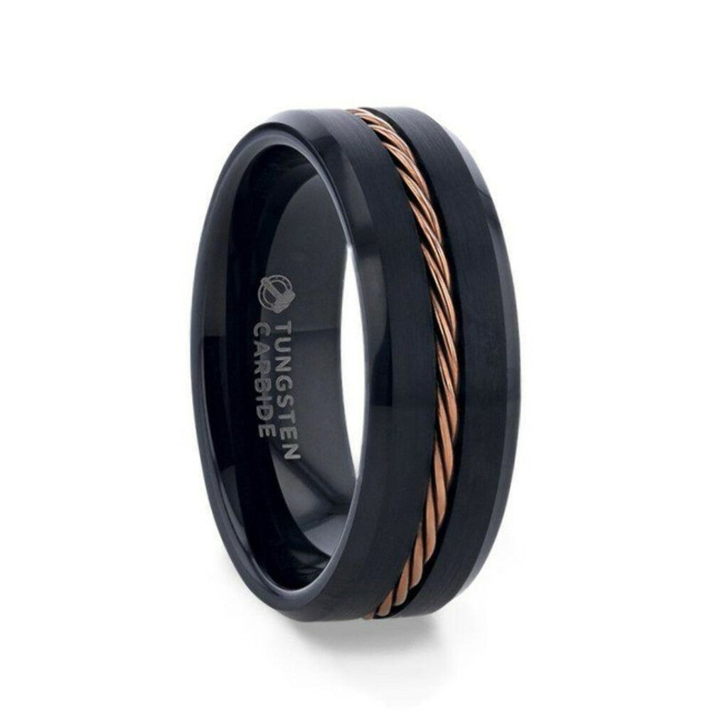 Mens Rose Gold Braided Brushed Center Black Tungsten Wedding Band - Polished Beveled Edges - 8mm Wide - Style name: ADELARD