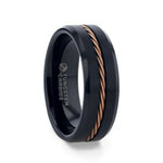Load image into Gallery viewer, Mens Rose Gold Braided Brushed Center Black Tungsten Wedding Band - Polished Beveled Edges - 8mm Wide - Style name: ADELARD
