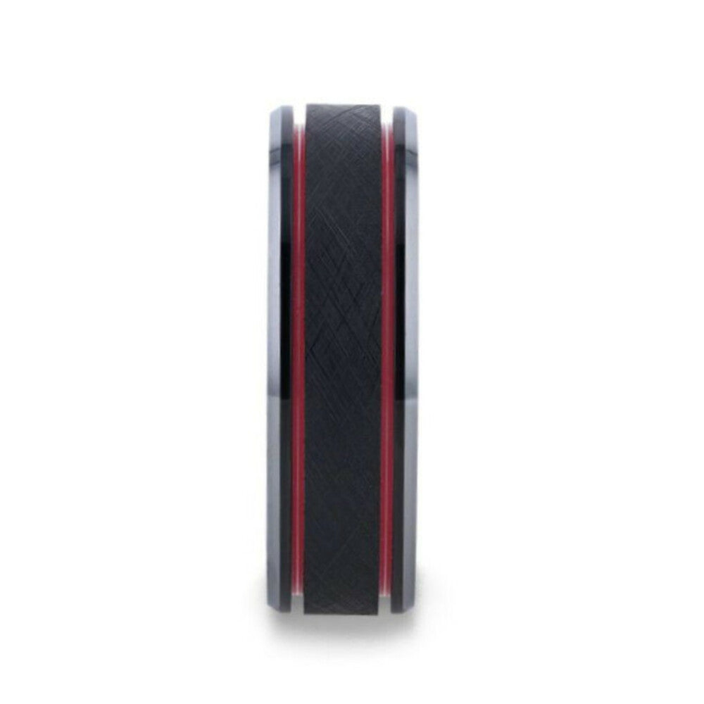 Mens Wire Finish Centered Black Tungsten Wedding Band - Double Red Stripe Polished Beveled Edges - 8mm Wide - Style name: OLIS