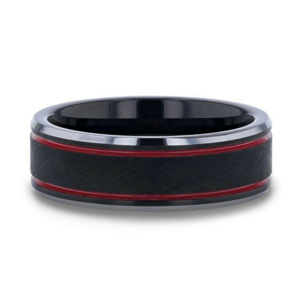 Mens Wire Finish Centered Black Tungsten Wedding Band - Double Red Stripe Polished Beveled Edges - 8mm Wide - Style name: OLIS
