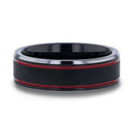 Load image into Gallery viewer, Mens Wire Finish Centered Black Tungsten Wedding Band - Double Red Stripe Polished Beveled Edges - 8mm Wide - Style name: OLIS

