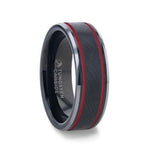 Load image into Gallery viewer, Mens Wire Finish Centered Black Tungsten Wedding Band - Double Red Stripe Polished Beveled Edges - 8mm Wide - Style name: OLIS

