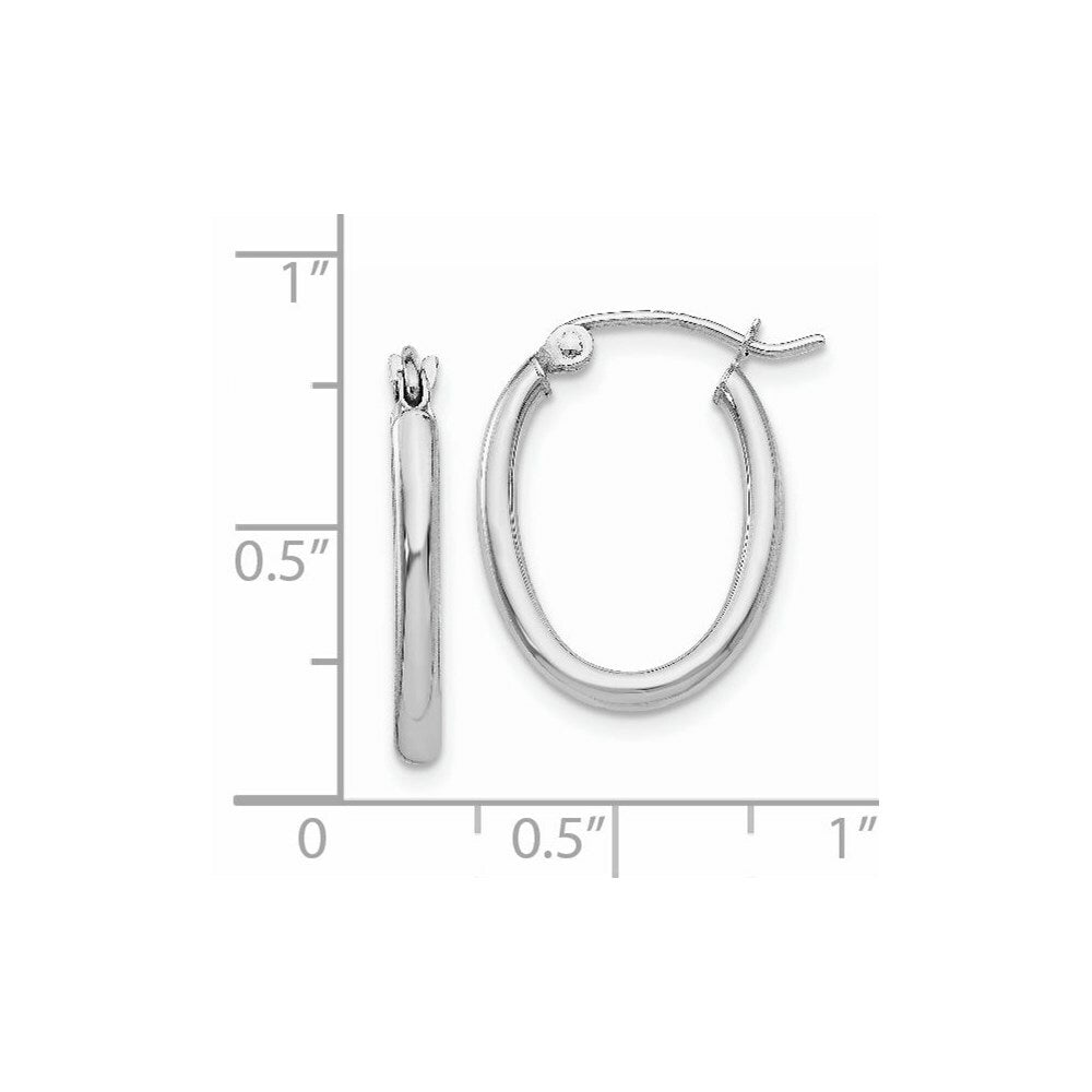 14K White Gold Polished 2mm Oval Tube Hoop Earrings  10mm length